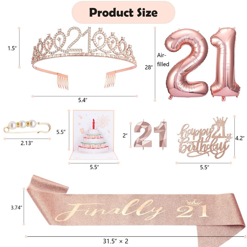 Awfrky 21st Birthday Gifts Decorations for Her  Including 21st Happy Birthday Cake Toppers  Birthday Queen Sash with Pearl Pin  Sweet Rhinestone Tiara Crown  Number Candles and Balloons Set  Rose Gold - Image 2